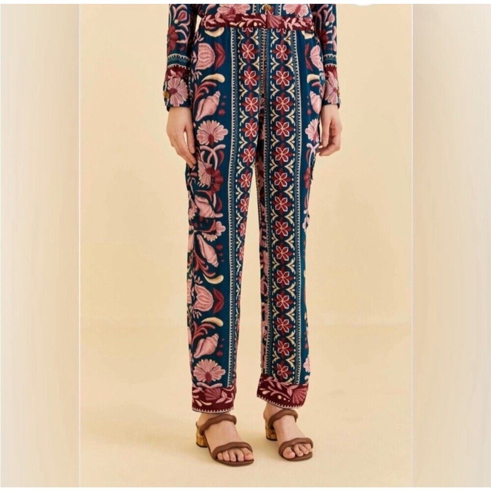 Farm Rio Womens Floral Teal Pink Seashell Tapestry Cargo Straight Leg Pants Xxs
